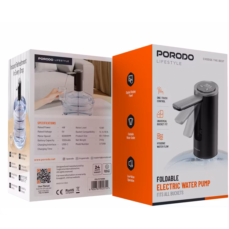 PORODO LIFESTYLE FOLDABLE ELECTRIC WATER PUMP BLACK PDLFST199BK thumbnail 5
