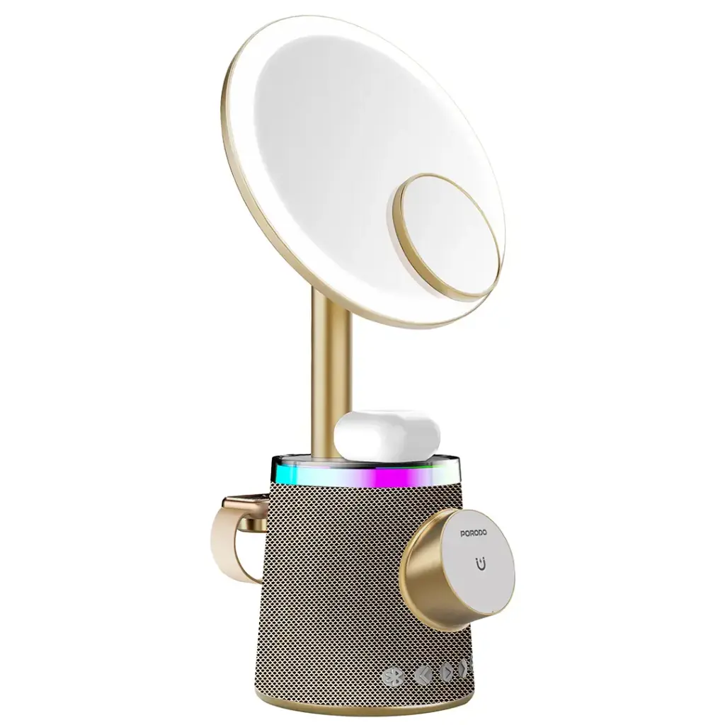 PORODO MAKEUP MIRROR WIRELESS CHARGER AND SPEAKER WITH RGB LIGHT GOLD PDLFST220GD