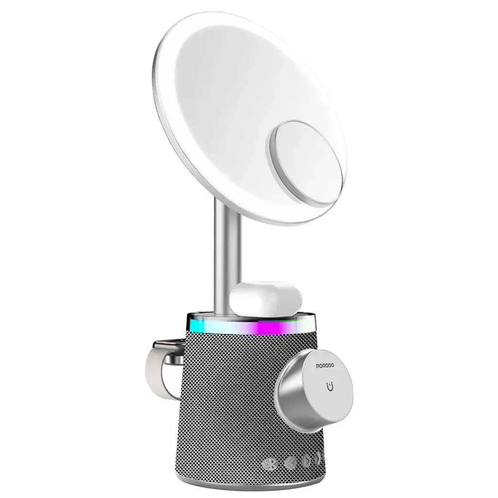PORODO MAKEUP MIRROR WIRELESS CHARGER AND SPEAKER WITH RGB LIGHT SILVER PDLFST220S