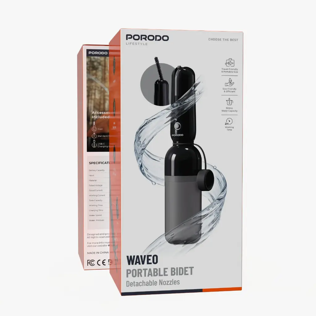 PORODO LIFESTYLE WAVEO PORTABLE BIDET DETACHABLE NOZZLES BLACK PDLFSTSW001BK