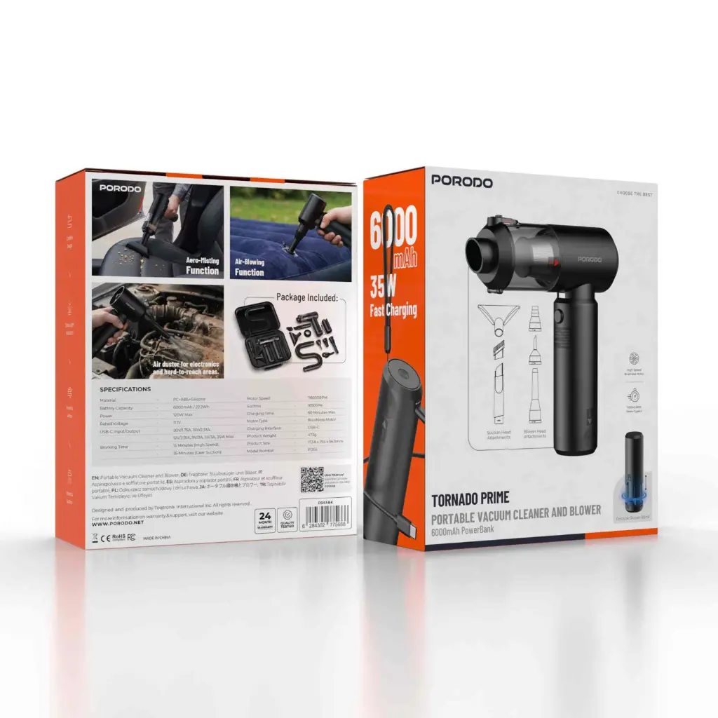 PORODO TORNADO PRIME PORTABLE VACUUM CLEANER AND BLOWER 6000MAH POWER BANK BLACK-PDS5BK
