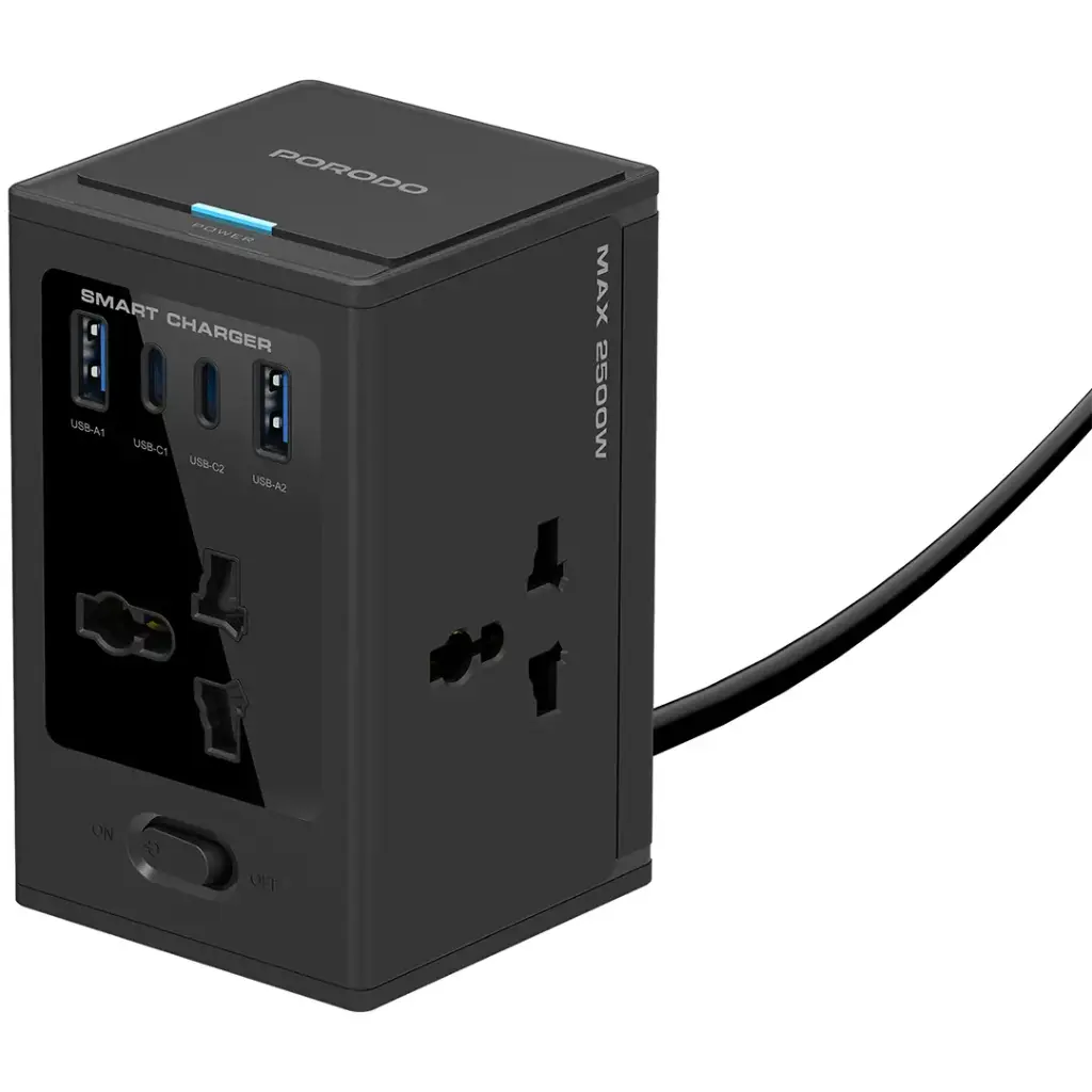 PORODO UNIVERSAL GAN MULTI PORT CUBE ADAPTER WITH 4 AC SOCKETS BLACK PDUNS8430BK