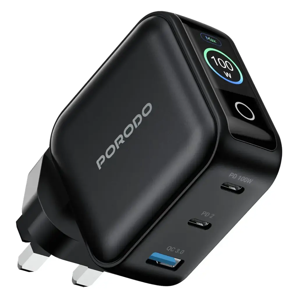 PORODO NEXORA 100W 3 PORT WALL CHARGER WITH LCD DISPLAY BLACK PDWCP5010BK