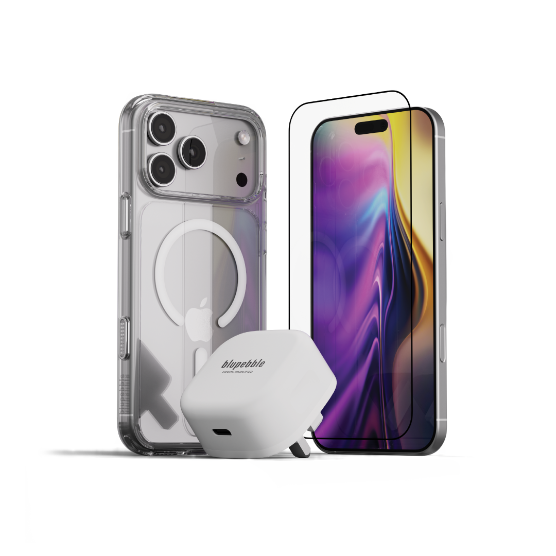 Blupebble 3-in-1 Pebble Combo for iPhone 17 Pro Max - Clear Case + Tempered Glass + Charger (BP-17MAXBUNDLE-CL)