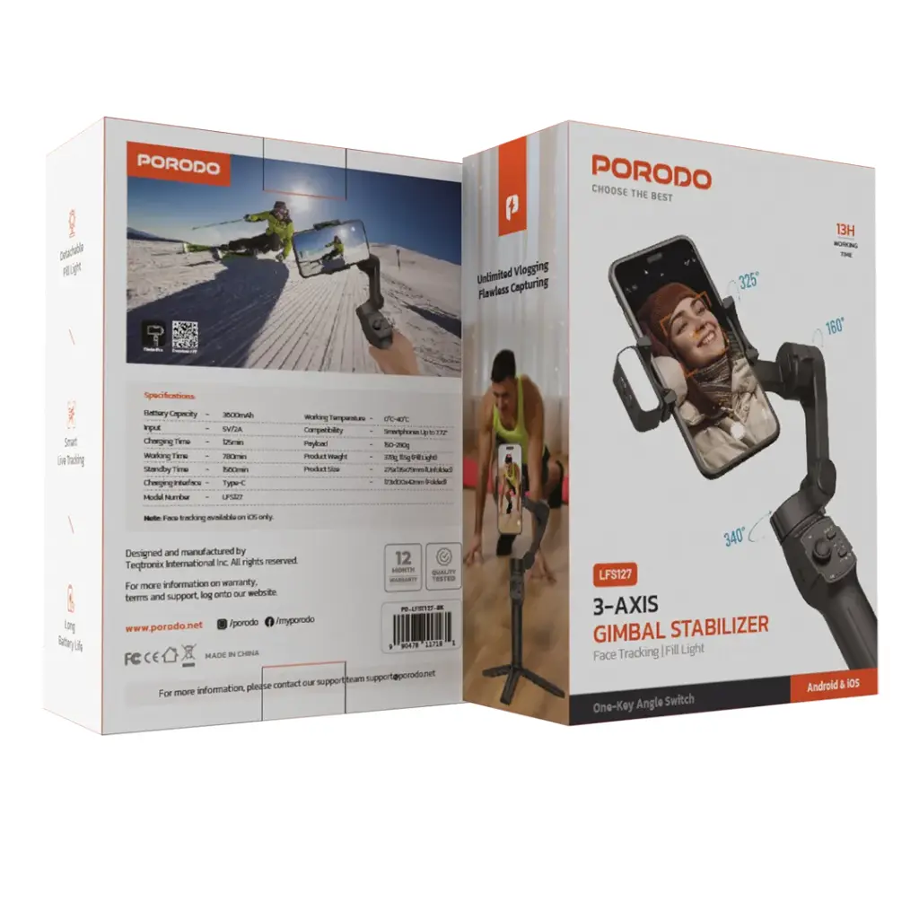 PORODO 3 AXIS GIMBAL STABILIZER MAGNETIC FILL LIGHT BLACK PD-LFST127-BK thumbnail 2