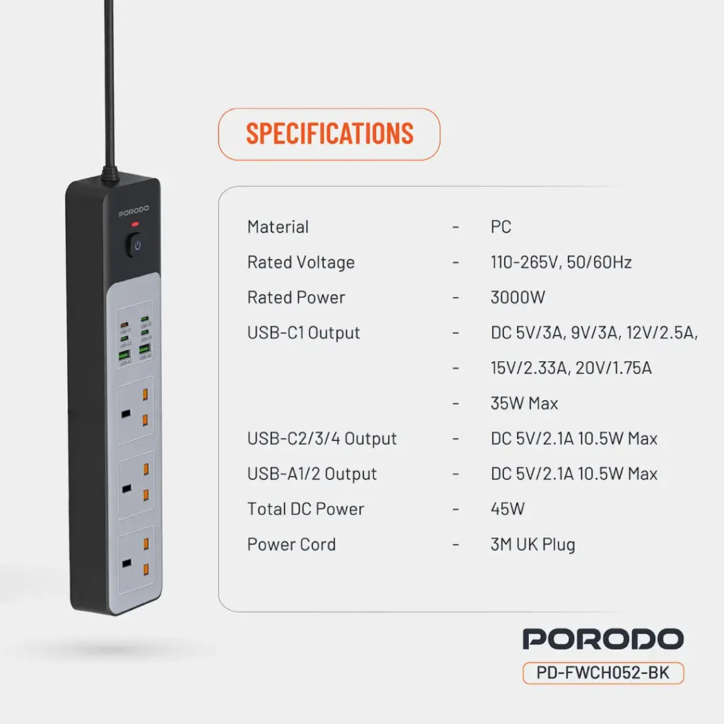PORODO 3000W 5AC UNIVERSAL POWER STRIP WITH 9 USB 6C+3A BLACK PDFWCH098BK thumbnail 2