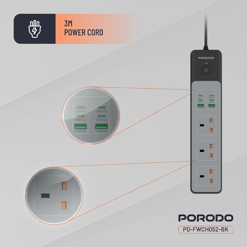 PORODO 3000W 7AC UNIVERSAL POWER STRIP WITH 6 USB 4C+2A GRAY PDFWCH099GY thumbnail 5
