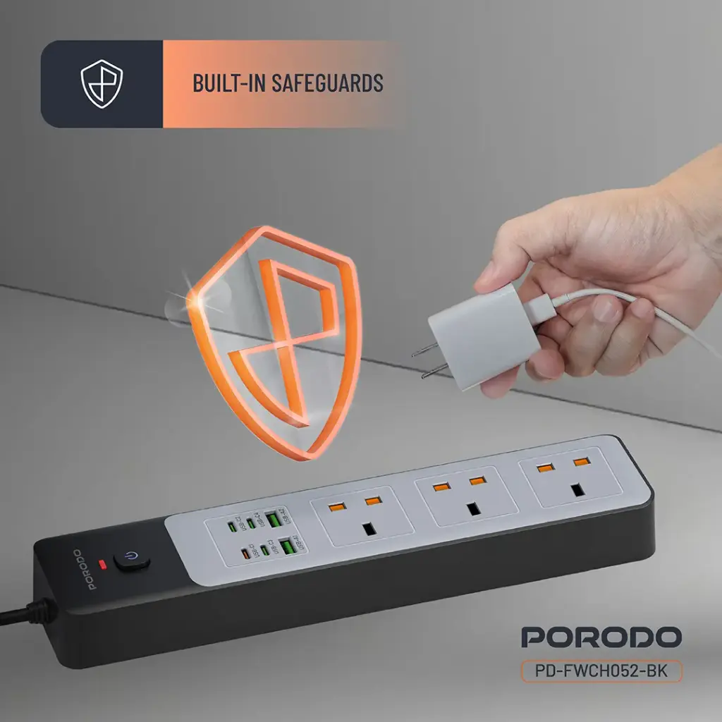 PORODO 3AC 45W 3000W POWER STRIP PD35W BLACK PD-FWCH052-BK thumbnail 4