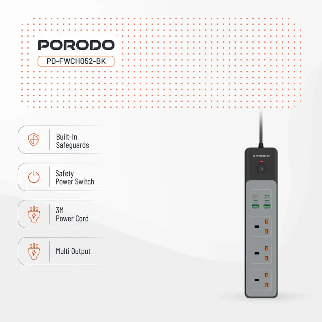 PORODO 3AC 45W 3000W POWER STRIP PD35W BLACK PD-FWCH052-BK thumbnail 3