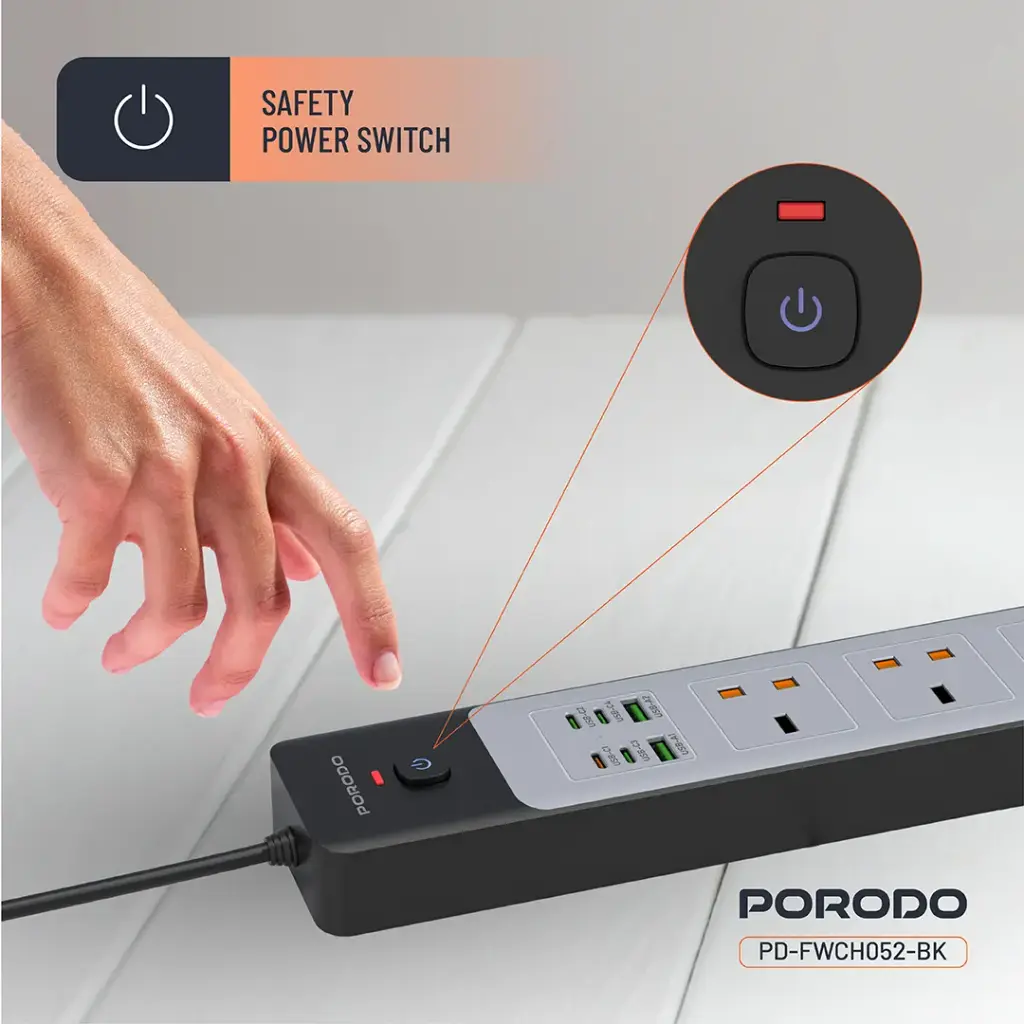 PORODO 3AC 45W 3000W POWER STRIP PD35W BLACK PD-FWCH052-BK thumbnail 6