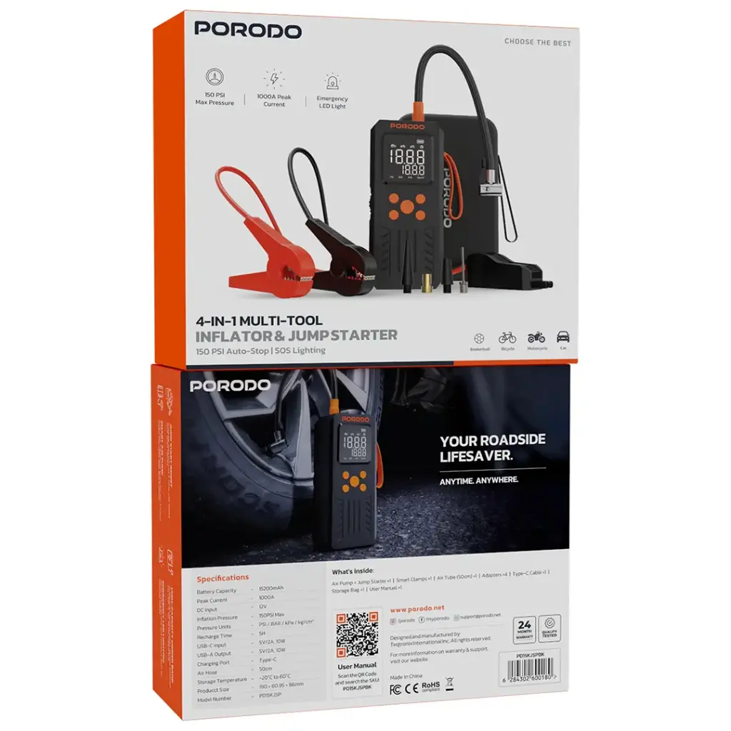 PORODO 4 IN 1 MULTI TOOL INFLATOR AND JUMP STARTER BLACK PD15KJSPBK thumbnail 4