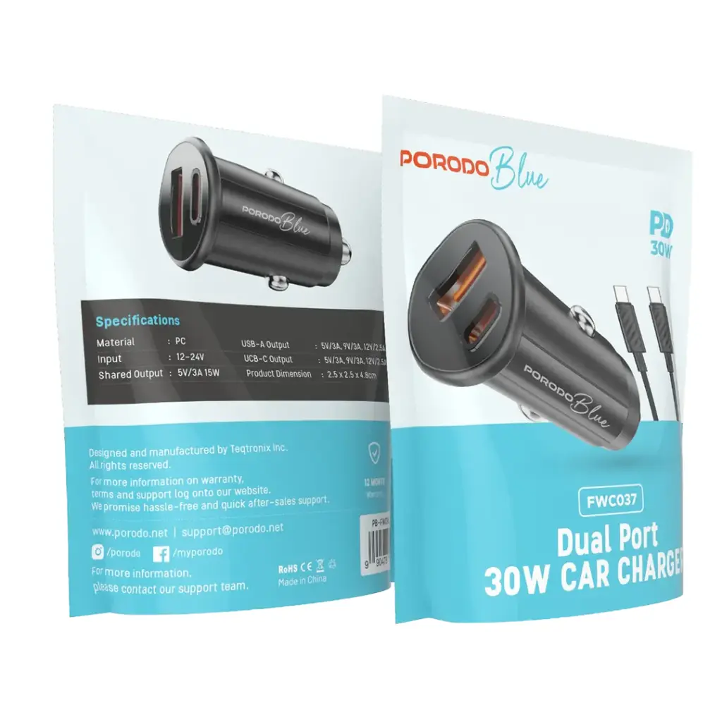 PORODO BLUE DULA PORT 30W CAR CHARGER WITH USB C TO USB C CABLE BLACK PB-FWCH037-BK-C thumbnail 3