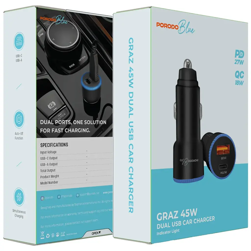 PORODO BLUE GRAZ 45W DUAL USB CAR CHARGER PD27W INDICATOR LIGHT BLACK PBCCR51BK thumbnail 2