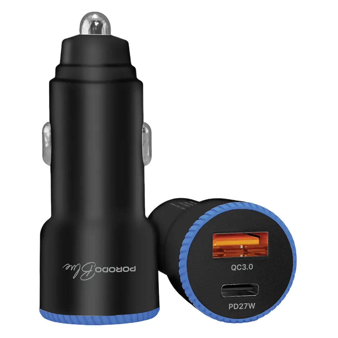 PORODO BLUE GRAZ 45W DUAL USB CAR CHARGER PD27W INDICATOR LIGHT BLACK PBCCR51BK
