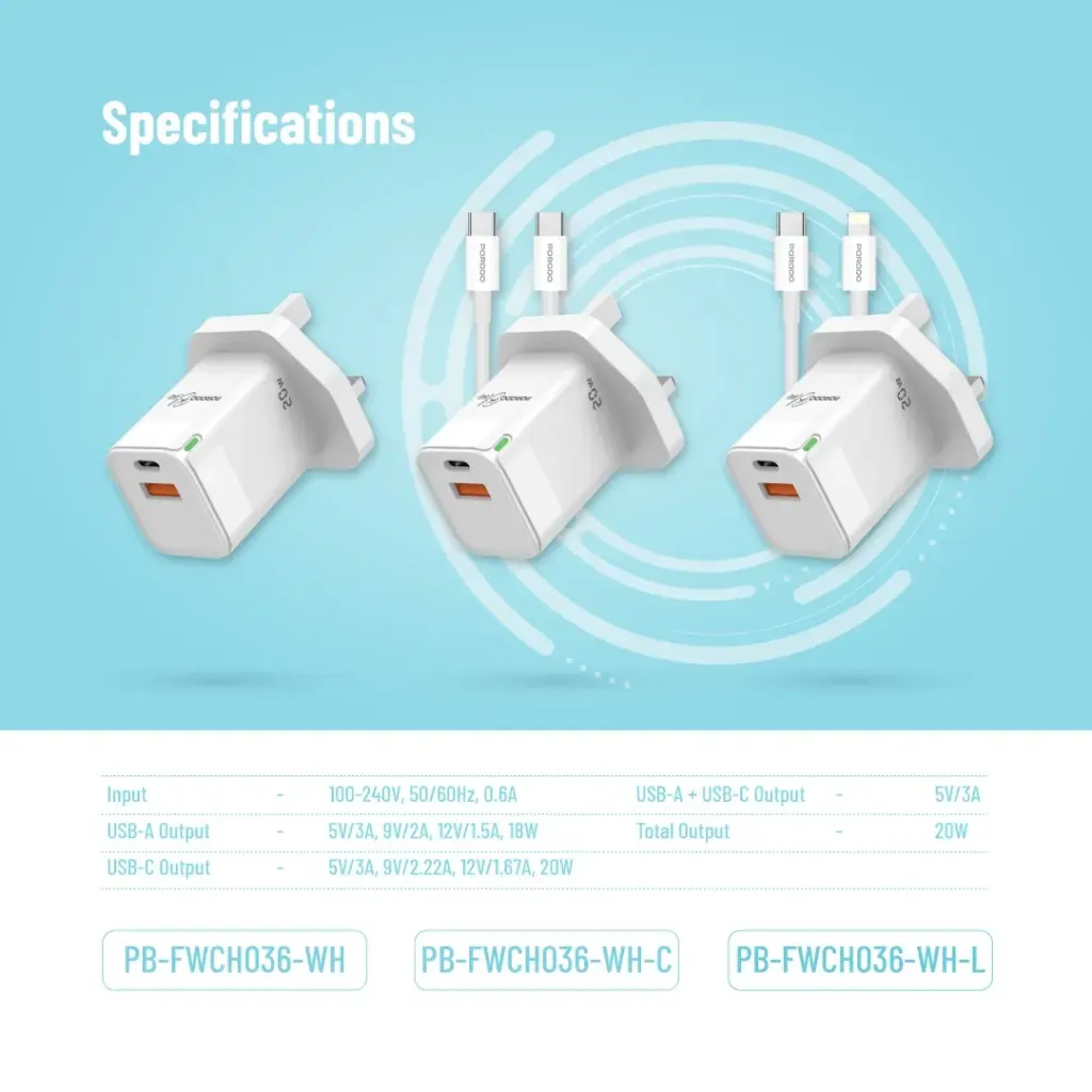 PORODO BLUE USB A AND USB C 20W ULTRA QUICK CHARGER WITH LIGHTNING CABLE WHITE PB-FWCH036-WH-L thumbnail 2