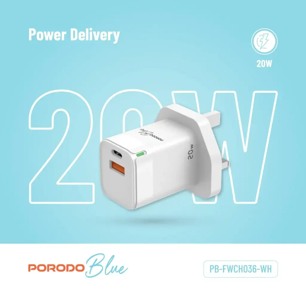 PORODO BLUE USB A AND USB C 20W ULTRA QUICK CHARGER WITH TYPE C CABLE WHITE PB-FWCH036-WH-C thumbnail 3