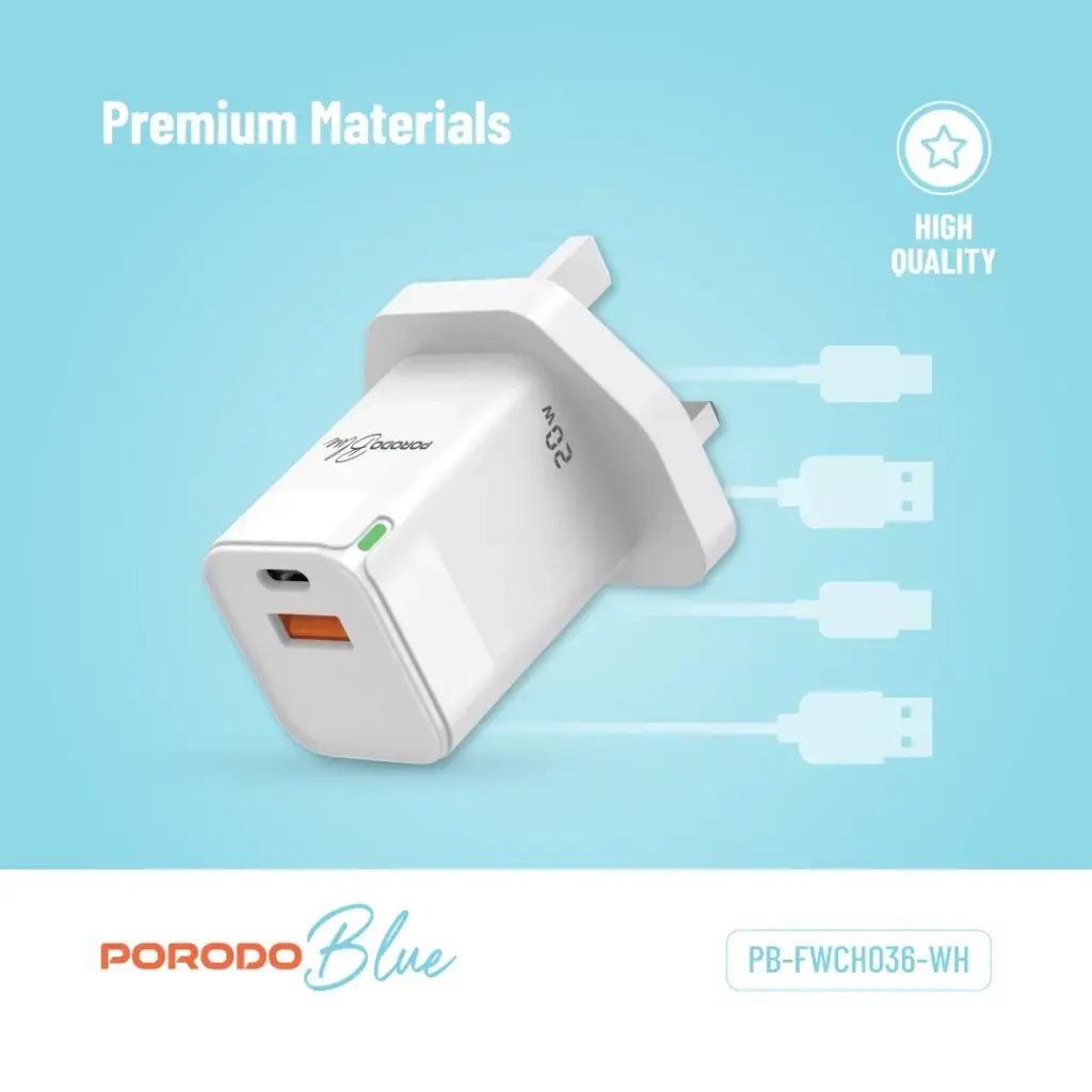 PORODO BLUE USB A AND USB C 20W ULTRA QUICK CHARGER WHITE PB-FWCH036-WH thumbnail 4