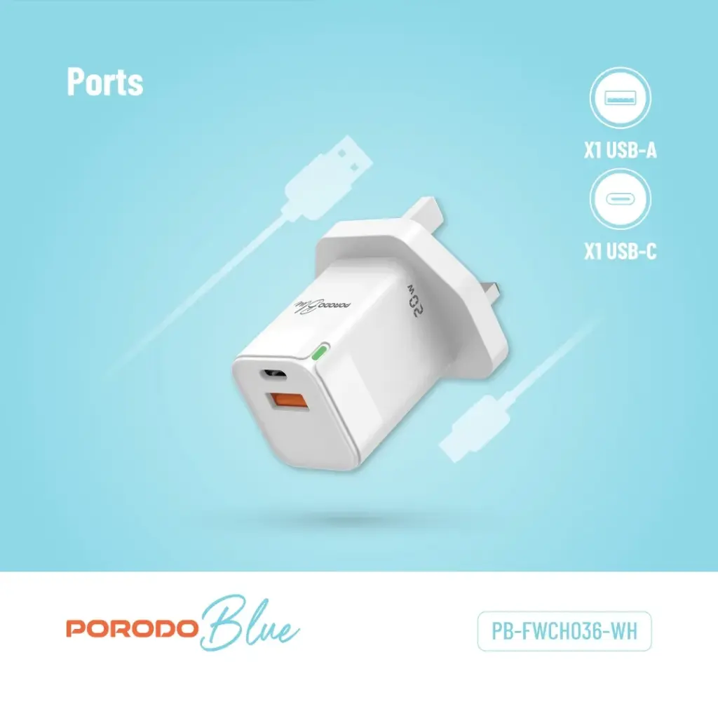 PORODO BLUE USB A AND USB C 20W ULTRA QUICK CHARGER WITH TYPE C CABLE WHITE PB-FWCH036-WH-C thumbnail 5