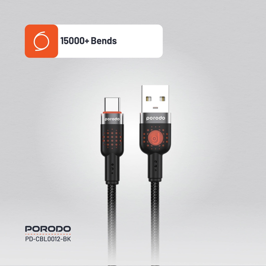 PORODO LED BRAIDED USB A TO USB C CABLE CHARGING & DATA TRANSFER BLACK PDCBLXGH02BK thumbnail 10