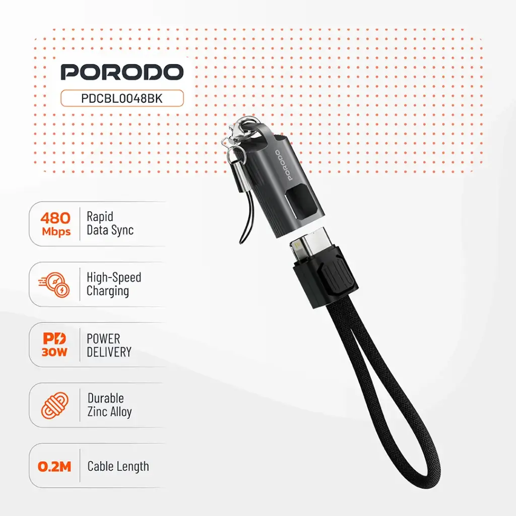 PORODO CHARGELOOP KEYCHAIN USB C TO LIGHTNING DATA CABLE BLACK PDCBL0048BK thumbnail 4