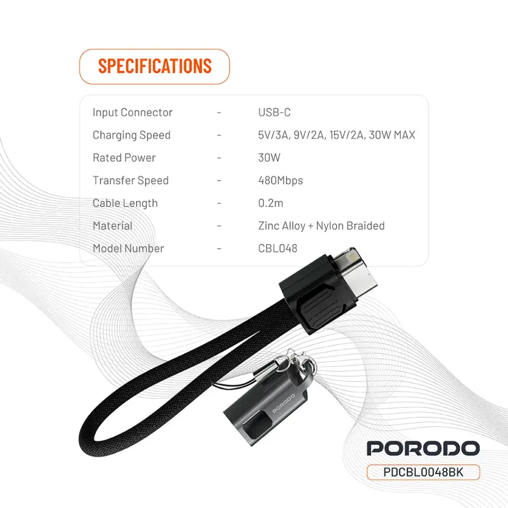 PORODO CHARGELOOP KEYCHAIN USB C TO LIGHTNING DATA CABLE BLACK PDCBL0048BK thumbnail 2