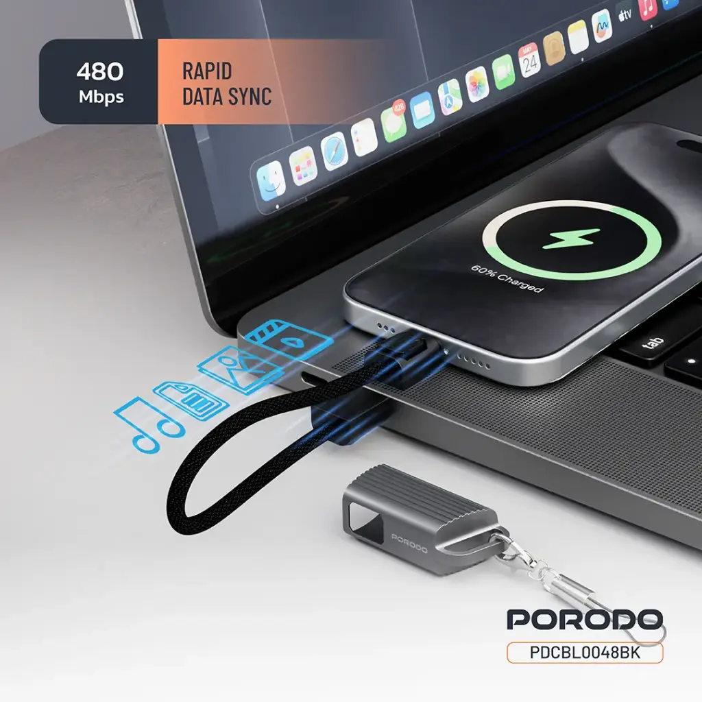 PORODO CHARGELOOP KEYCHAIN USB C TO LIGHTNING DATA CABLE BLACK PDCBL0048BK thumbnail 6