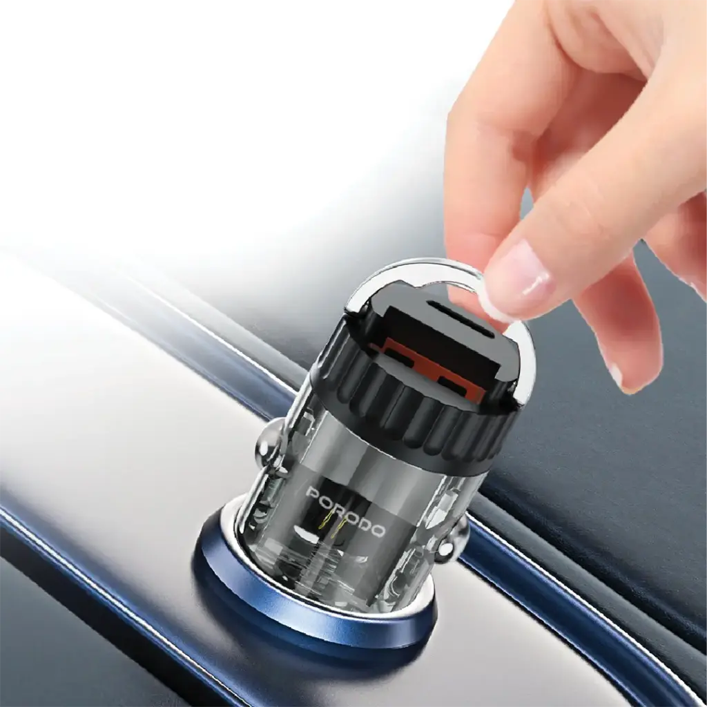 PORODO DUAL PORT TRANSPARENT CAR CHARGER WITH PULL RING HOLDER BLACK PDFWCH086BK thumbnail 2