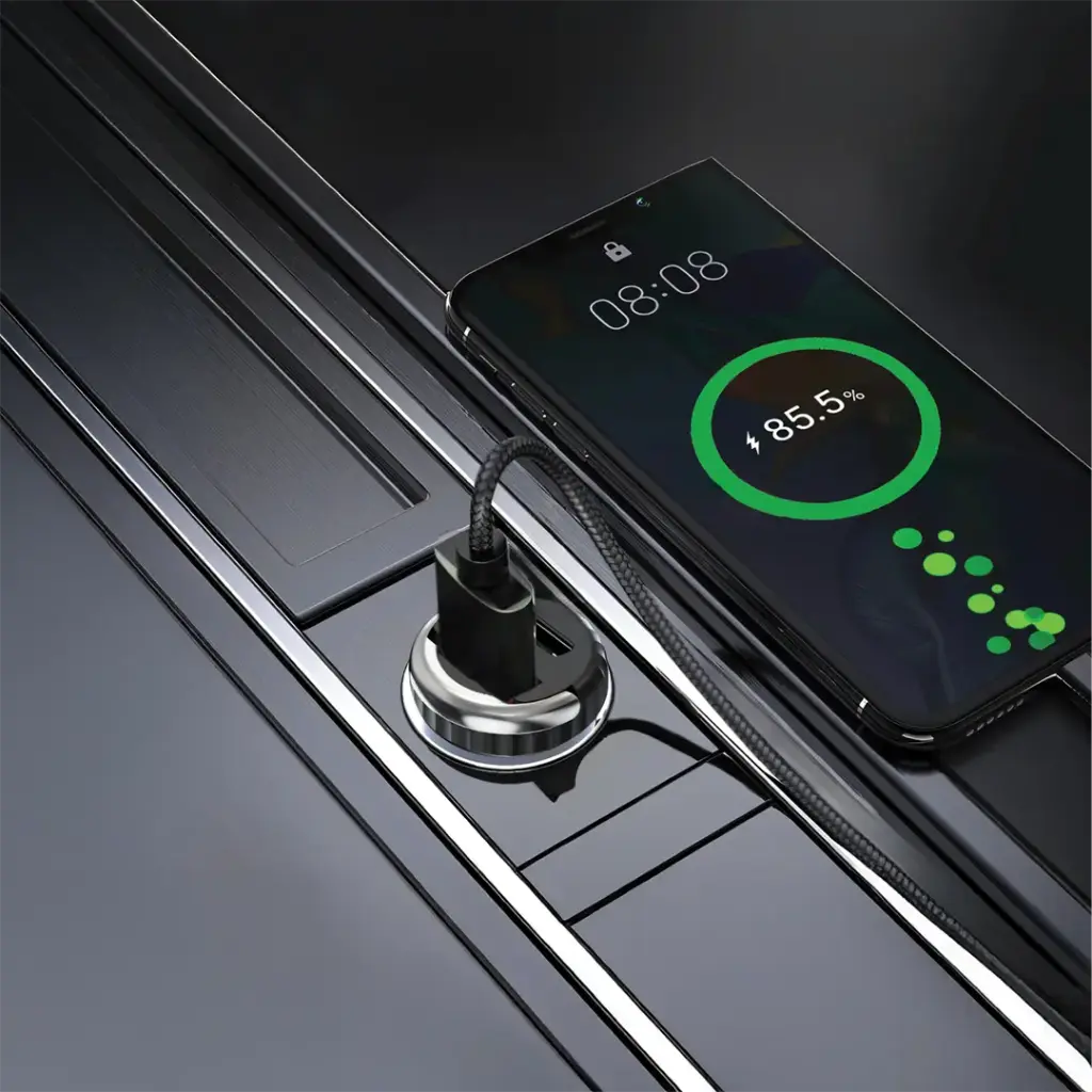 PORODO DUAL PORT TRANSPARENT CAR CHARGER WITH PULL RING HOLDER BLACK WITH USB C TO USB C CABLE PDFWCH086CBK thumbnail 4