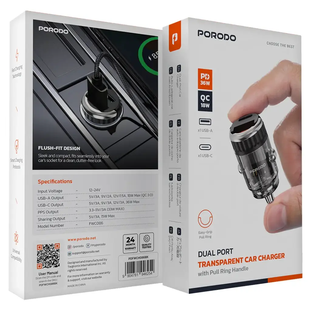 PORODO DUAL PORT TRANSPARENT CAR CHARGER WITH PULL RING HOLDER BLACK WITH USB C TO USB C CABLE PDFWCH086CBK thumbnail 5