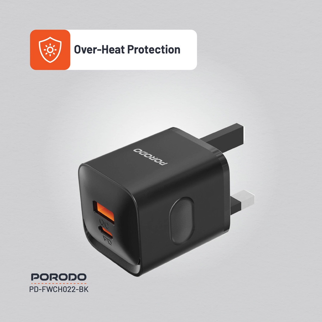 PORODO DUAL PORT WALL CHARGER PD20W QC20W USB C AND USB A OUTPUT BLACK PD-FWCH022-BK thumbnail 5
