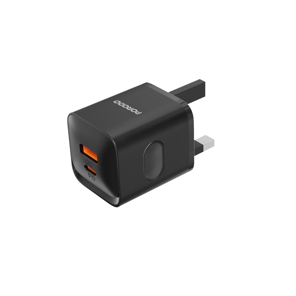 PORODO DUAL PORT WALL CHARGER PD20W QC20W USB C AND USB A OUTPUT BLACK PD-FWCH022-BK thumbnail 2