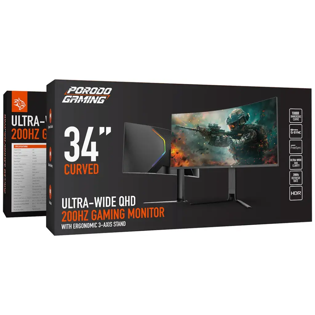 PORODO GAMING 34 INCH CURVED ULTRA WIDE QHD 200HZ GAMING MONITOR WITH ERGONOMIC 3 AXIS STAND PDXV34200BK thumbnail 2