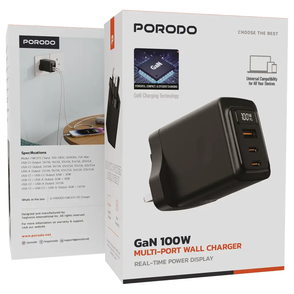 PORODO GANEX 100W MUTI PORT ADAPTER BLACK PWC2418BK thumbnail 5
