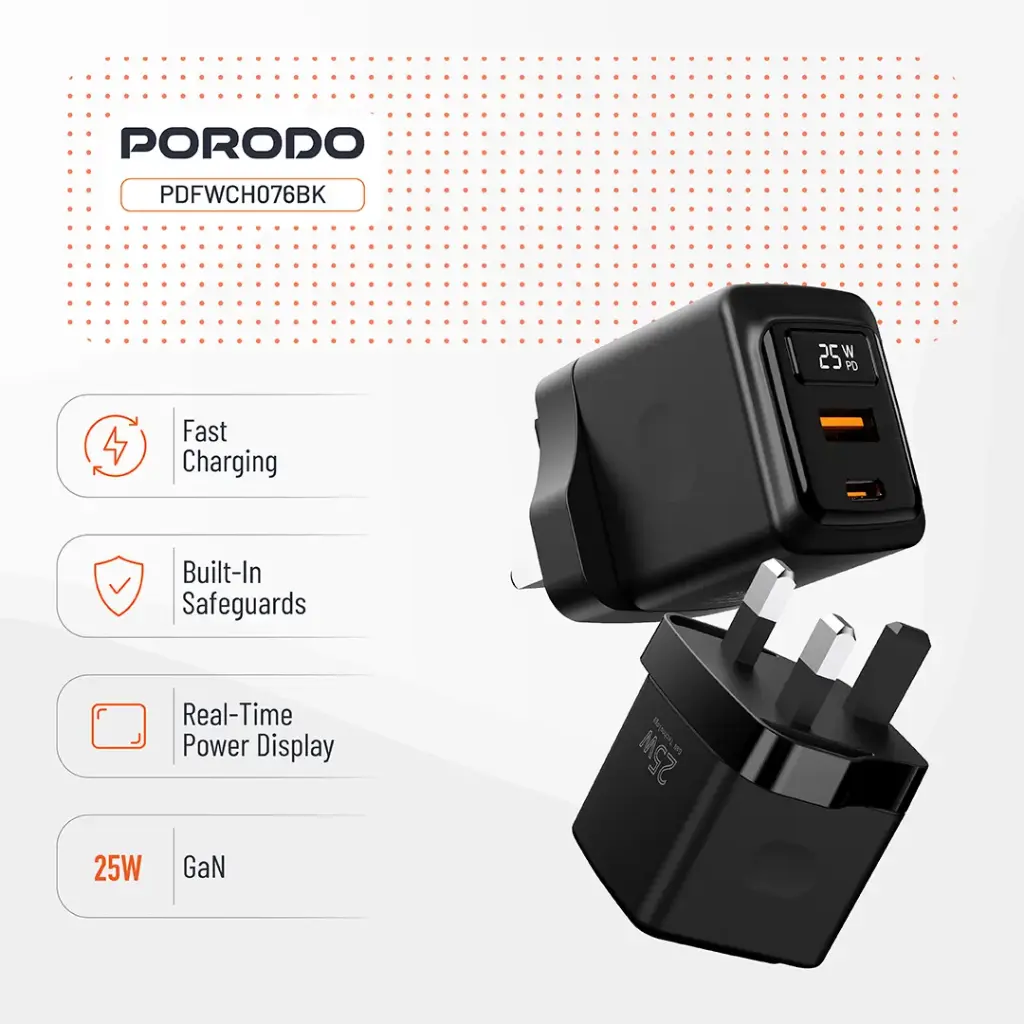 PORODO GAN 25W DUAL PORT USB C WALL CHARGER BLACK PDFWCH076BK thumbnail 3
