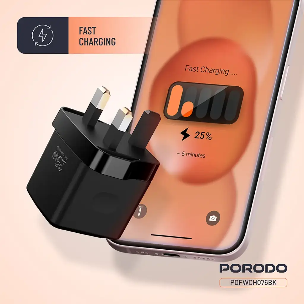 PORODO GAN 25W DUAL PORT WALL CHARGER WITH TYPE C TO TYPE C CABLE BLACK PDFWCH076CBK thumbnail 4