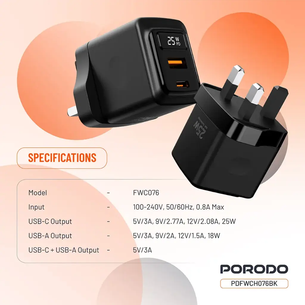 PORODO GAN 25W DUAL PORT USB C WALL CHARGER BLACK PDFWCH076BK thumbnail 2