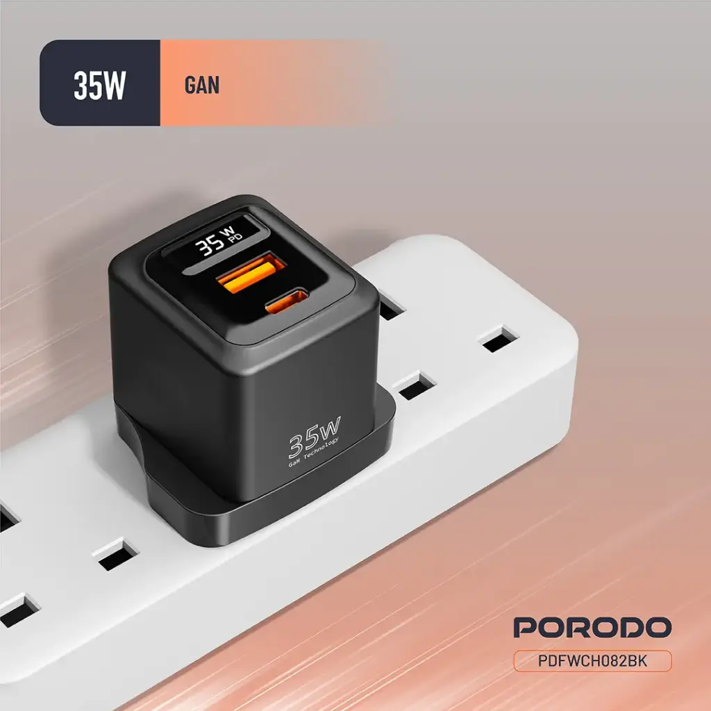 PORODO 35W DUAL PORT WALL CHARGER WITH POWER DISPLAY BLACK PDFWCH082BK thumbnail 6