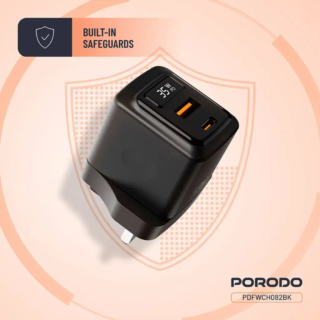PORODO 35W DUAL PORT WALL CHARGER WITH POWER DISPLAY BLACK PDFWCH082BK thumbnail 5