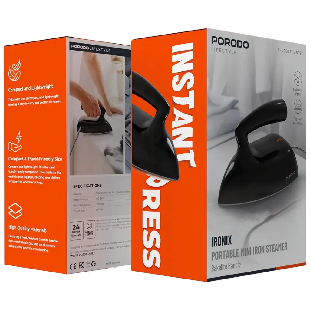 PORODO LIFESTYLE IRONIX PORTABLE MINI IRON STEAMER BLACK PDLFST227SBK thumbnail 2