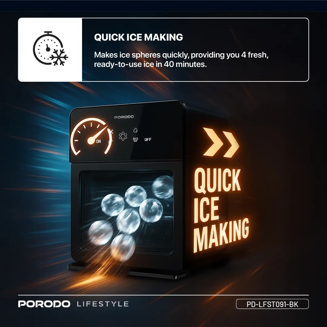 PORODO LIFESTYLE SPHERE SHAPED 260W DUAL SPHERE ICE MAKER 1.6L WITH LCD TOUCH DISPLAY BLACK PDLFST091BK thumbnail 12