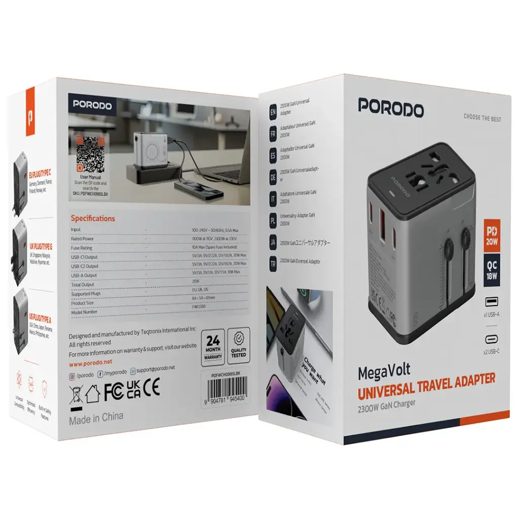 PORODO MEGAVOLT UNIVERSAL TRAVEL ADAPTER PD70W QC30W 2300W GAN CHARGER BLACK PDFWCH0895LBK thumbnail 3