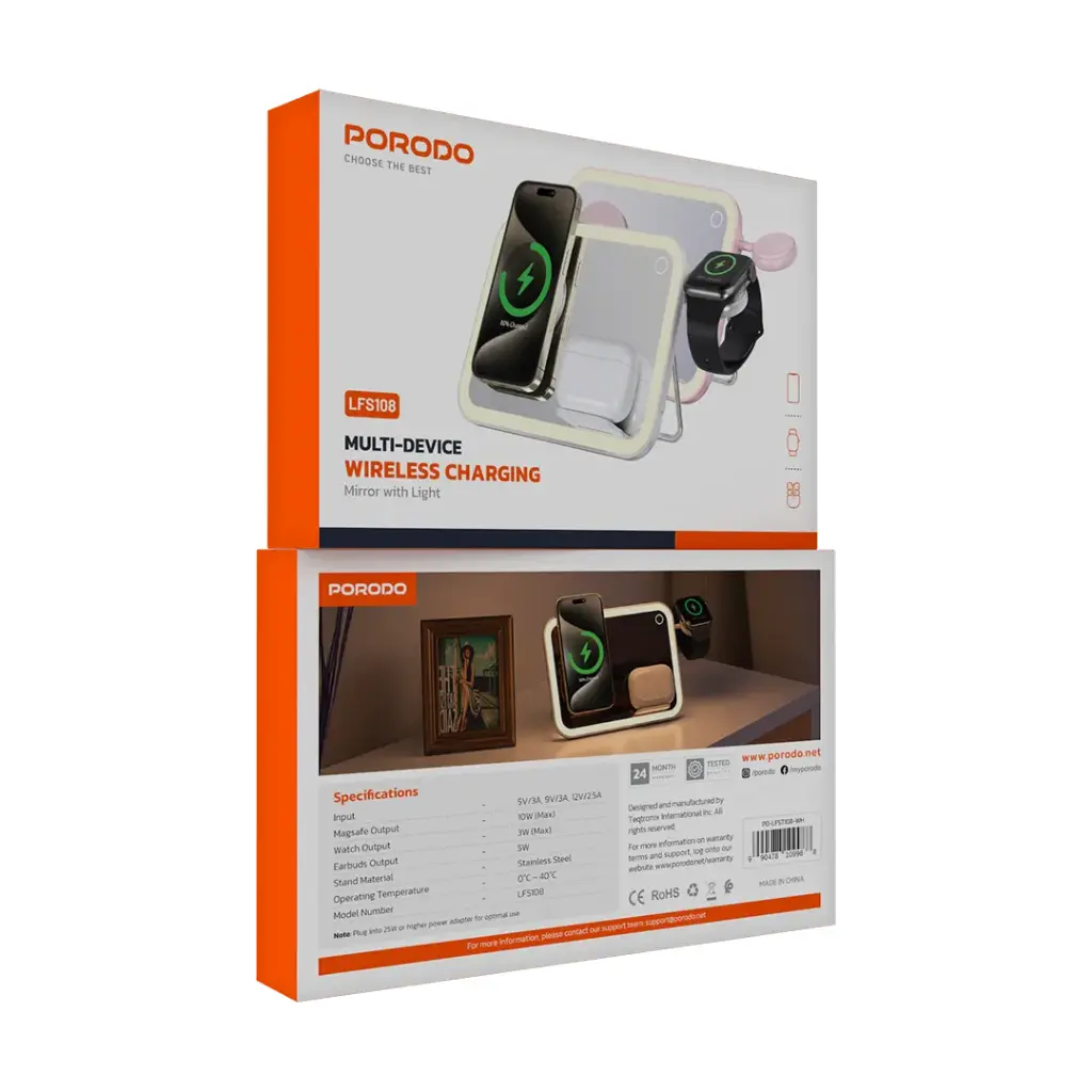 PORODO MULTI DEVICE WIRELESS CHARGING MIRROR WITH LIGHT WHITE PD-LFST108-WH thumbnail 2