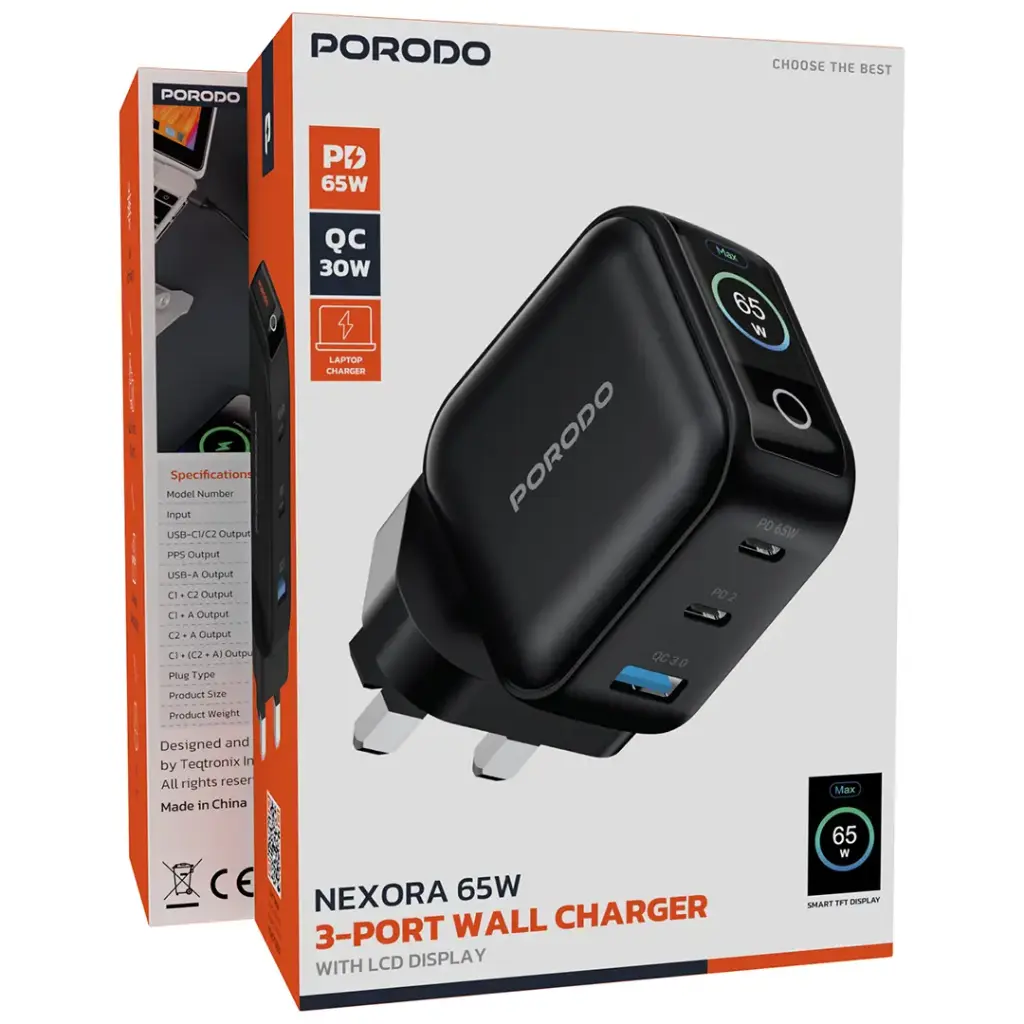 PORODO NEXORA 65W 3 PORT WALL CHARGER WITH LCD DISPLAY BLACK PDWCP5265BK thumbnail 2