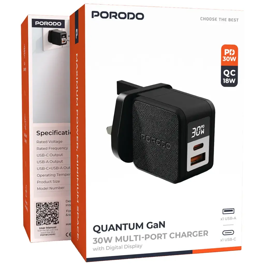 PORODO QUANTUM GAN 30W MULTI PORT CHARGER WITH DIGITAL DISPLAY WITH C-C CABLE 1M BLACK PDFWCH092BKC thumbnail 3