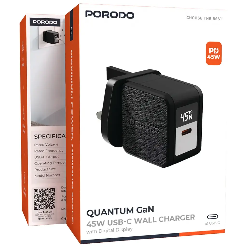 PORODO QUANTUM GAN 45W USB C WALL CHARGER WITH DIGITAL DISPLAY BLACK PDFWCH093BK thumbnail 3