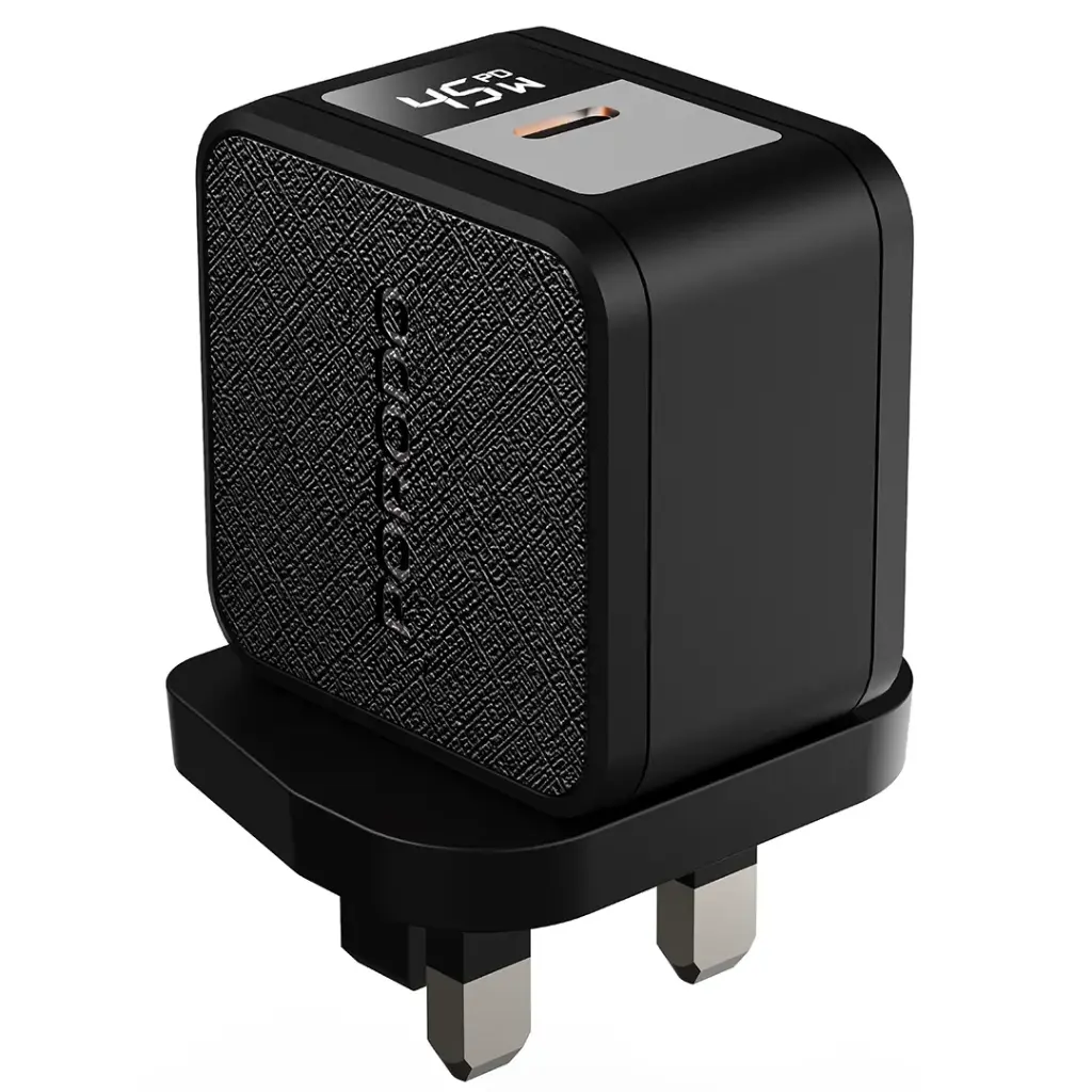 PORODO QUANTUM GAN 45W USB C WALL CHARGER WITH DIGITAL DISPLAY WITH C-C CABLE 1M BLACK PDFWCH093BKC