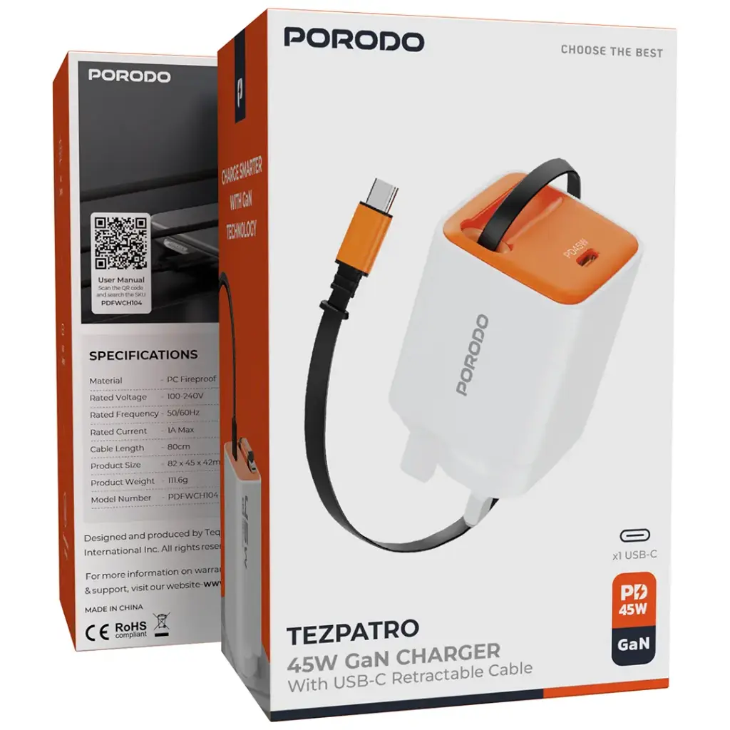 PORODO TEZPATRO 45W GAN CHARGER WITH USB C RETRACTABLE CABLE WHITE PDFWCH104WH thumbnail 2