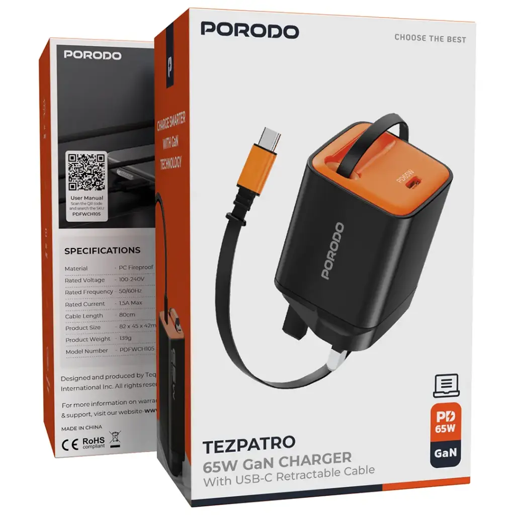 PORODO TEZPATRO 65W GAN CHARGER WITH USB C RETRACTABLE CABLE BLACK PDFWCH105BK thumbnail 2