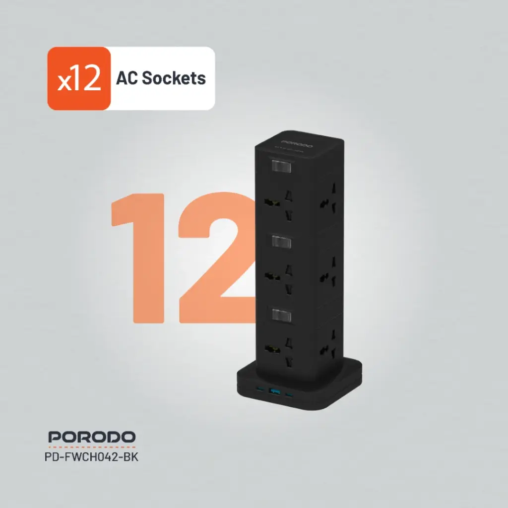 PORODO THREE STORY 12 AC POWER HUB USB C PD AND QUICK CHARE 3.0 PD20W BLACK PD-FWCH042-BK thumbnail 6