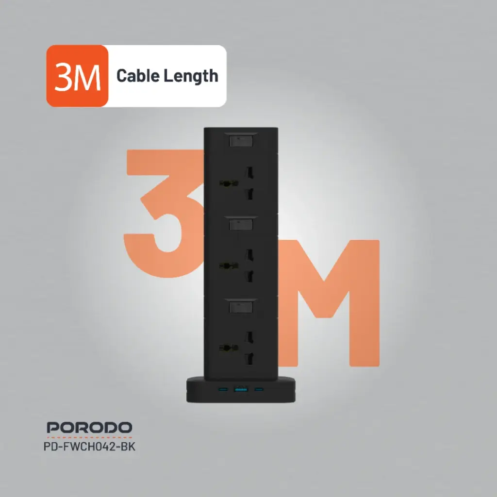 PORODO THREE STORY 12 AC POWER HUB USB C PD AND QUICK CHARE 3.0 PD20W BLACK PD-FWCH042-BK thumbnail 5